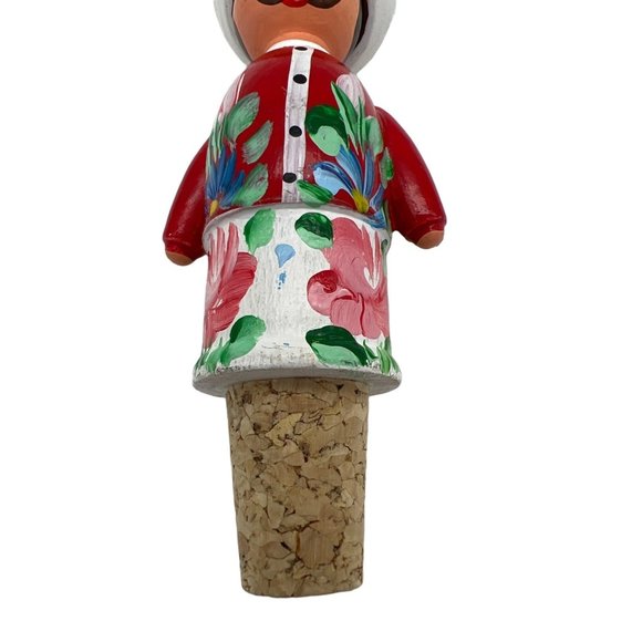 Wine Bottle Stopper Figural Man Wearing Hat w/ Floral Design Wood and Cork 4" - Picture 4 of 6
